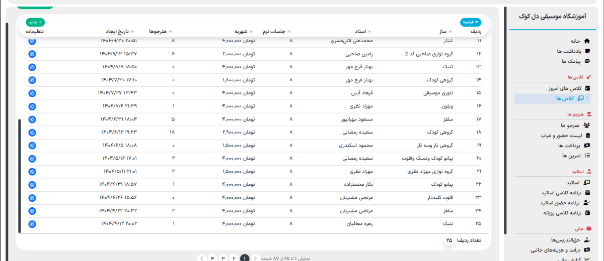 مدیریت منظم کلاس‌ها و هنرجویان